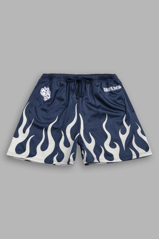 ON FIRE APPLIQUE MESH SHORTS IN STORM BLUE