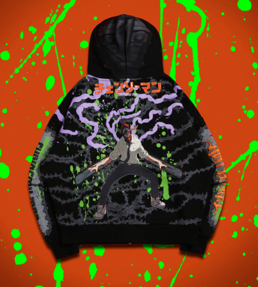 CHAIN HEAD FULL ZIP UP HOODIE IN BLACK
