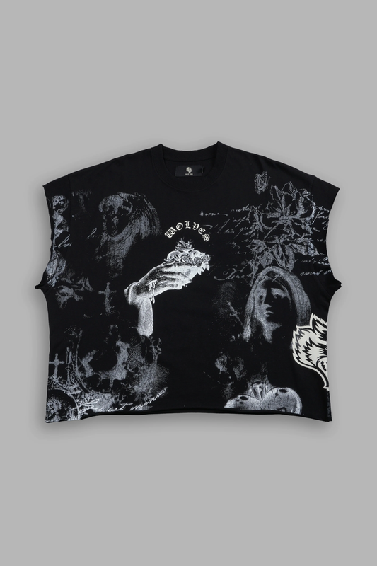HEART OF THORNS DISTRESSED GRUNGE CUT-OFF MID-LENGTH RAW HEM TEE IN BLACK