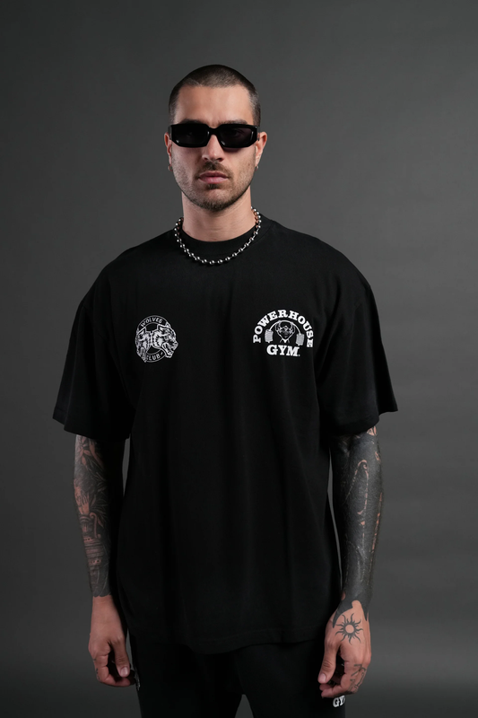 POWERHOUSE HESH PREMIUM OVERSIZED TEE IN BLACK DRIFT WASH