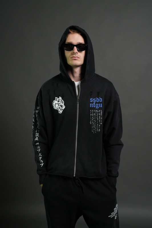 RELENTLESS DISTRESSED GRUNGE MID LENGTH RAW HEM ZIP HOODIE IN BLACK SUN FADE