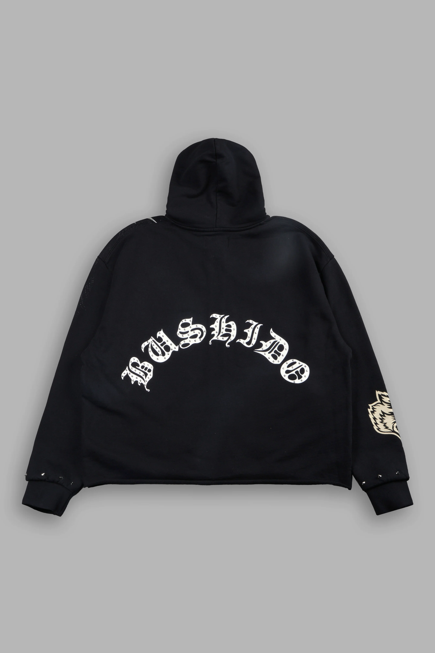 SHUTENDOJI DISTRESSED GRUNGE MID LENGTH RAW HEM ZIP HOODIE IN BLACK