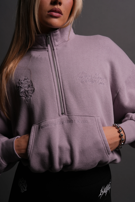 OUR MANTRA APPLIQUÉ OVERSIZED "EVERSON" MOCKNECK IN PURPLE SMOKE