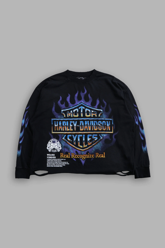 IRON FIRE DISTRESSED GRUNGE "BOX CUT" L/S TEE IN BLACK SUN FADE