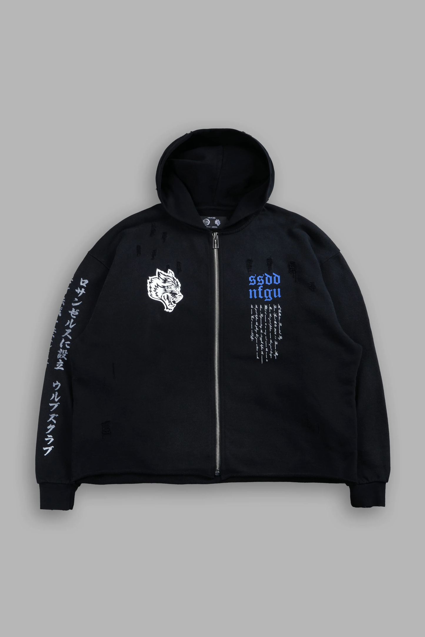 RELENTLESS DISTRESSED GRUNGE MID LENGTH RAW HEM ZIP HOODIE IN BLACK SUN FADE