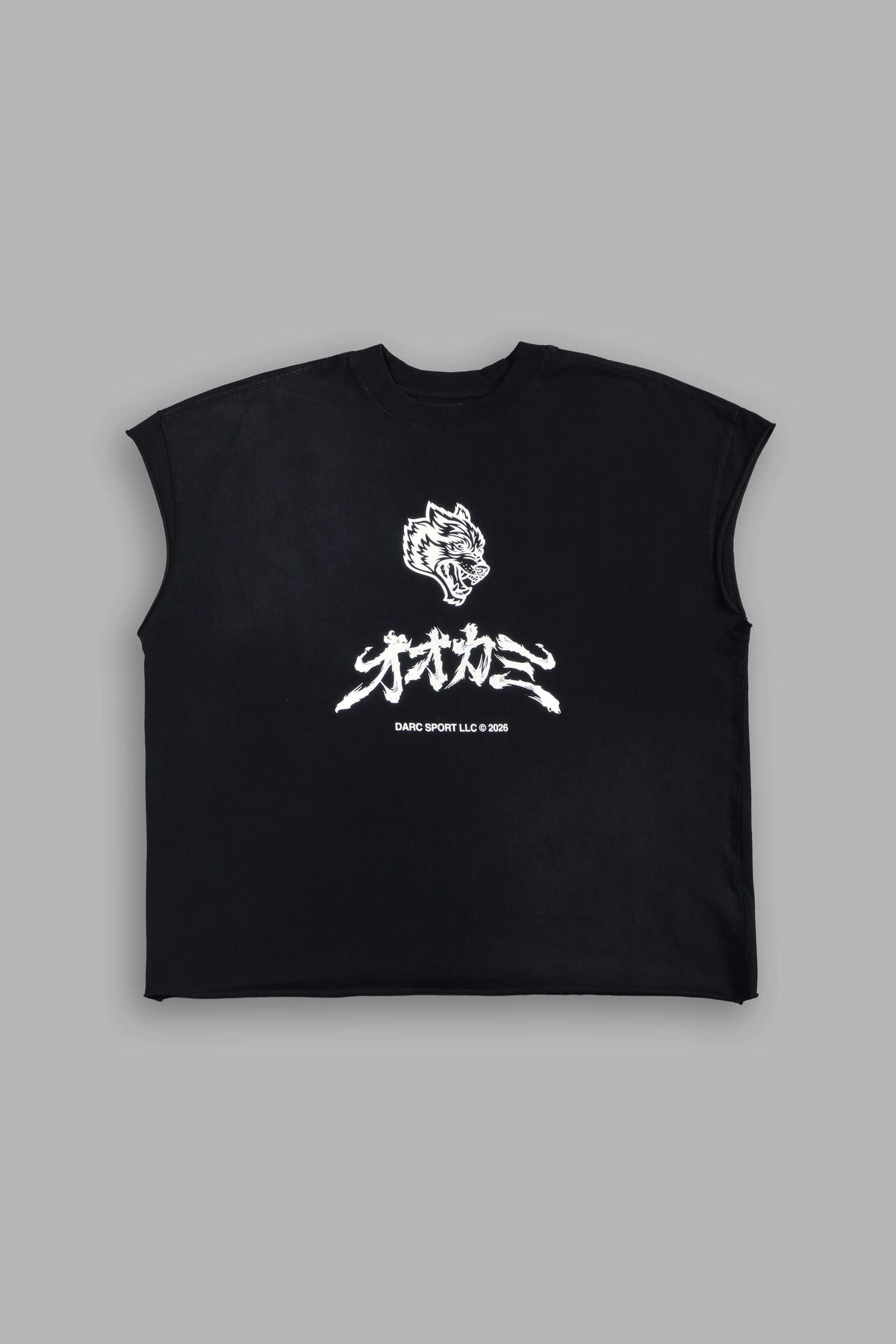 OKAMI BUSHIDO GRUNGE CUT-OFF MID LENGTH RAW HEM TEE IN BLACK SUN FADE
