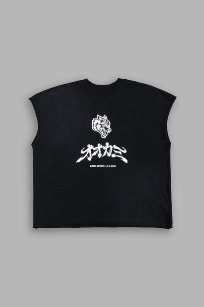 OKAMI BUSHIDO GRUNGE CUT-OFF MID LENGTH RAW HEM TEE IN BLACK SUN FADE
