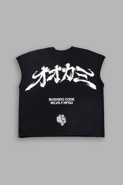 OKAMI BUSHIDO GRUNGE CUT-OFF MID LENGTH RAW HEM TEE IN BLACK SUN FADE