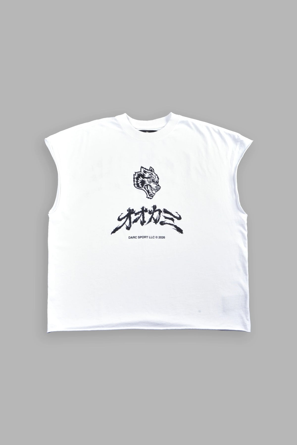 OKAMI BUSHIDO GRUNGE CUT-OFF MID LENGTH RAW HEM TEE IN WHITE