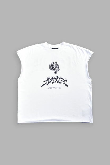 OKAMI BUSHIDO GRUNGE CUT-OFF MID LENGTH RAW HEM TEE IN WHITE