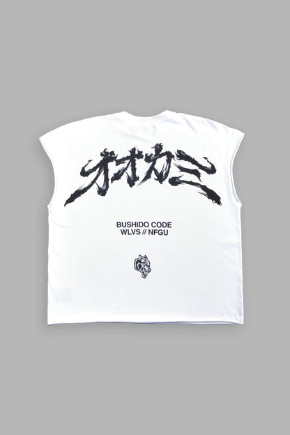 OKAMI BUSHIDO GRUNGE CUT-OFF MID LENGTH RAW HEM TEE IN WHITE