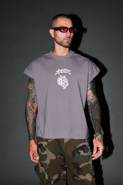 OUR CODE DISTRESSED GRUNGE CUT OFF MID LENGTH RAW HEM TEE IN SLATE GRAY