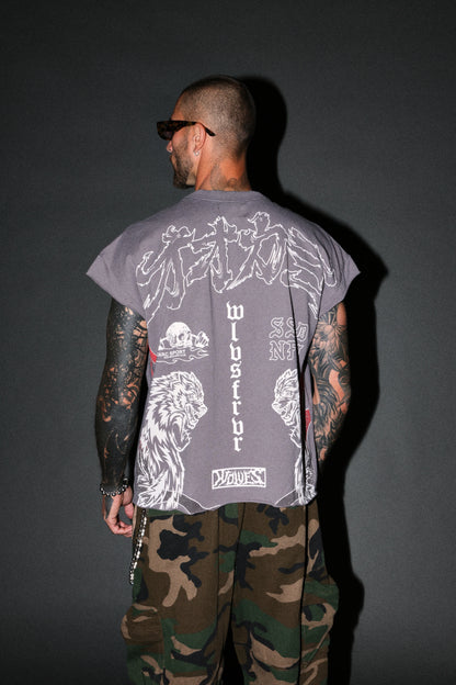 OUR CODE DISTRESSED GRUNGE CUT OFF MID LENGTH RAW HEM TEE IN SLATE GRAY