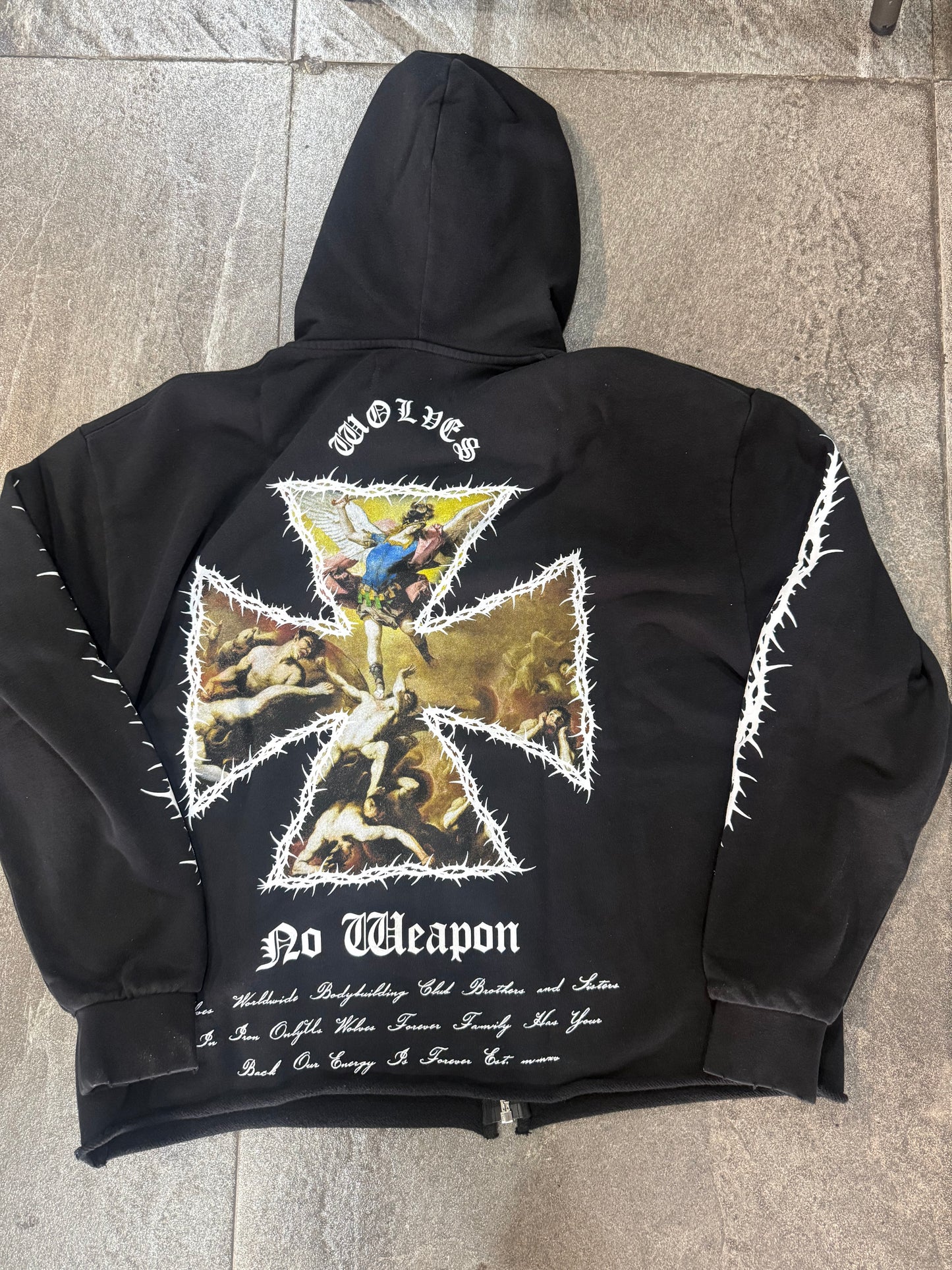 Ascend Distressed Grunge Mid Length Raw Hem Zip Hoodie