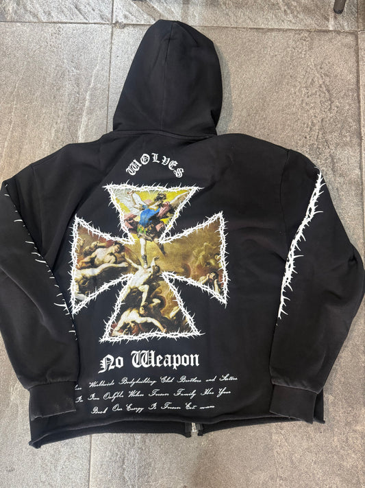 Ascend Distressed Grunge Mid Length Raw Hem Zip Hoodie