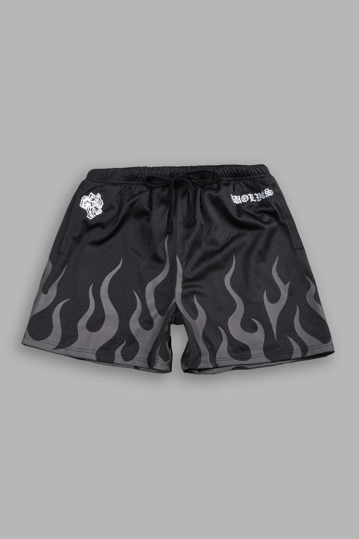 ON FIRE APPLIQUE MESH SHORTS IN BLACK