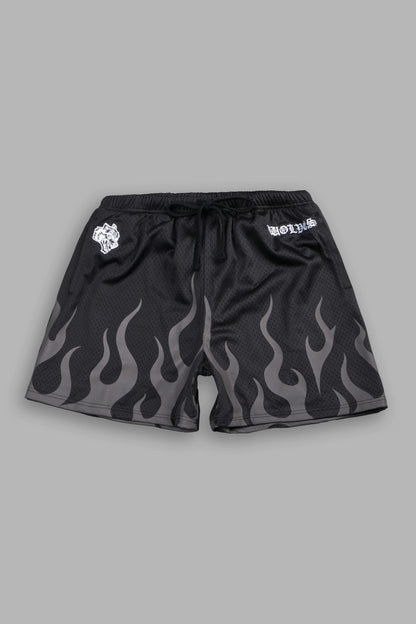 ON FIRE APPLIQUE MESH SHORTS IN BLACK