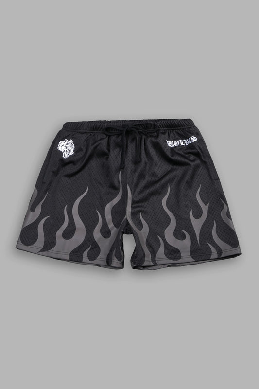 ON FIRE APPLIQUE MESH SHORTS IN BLACK
