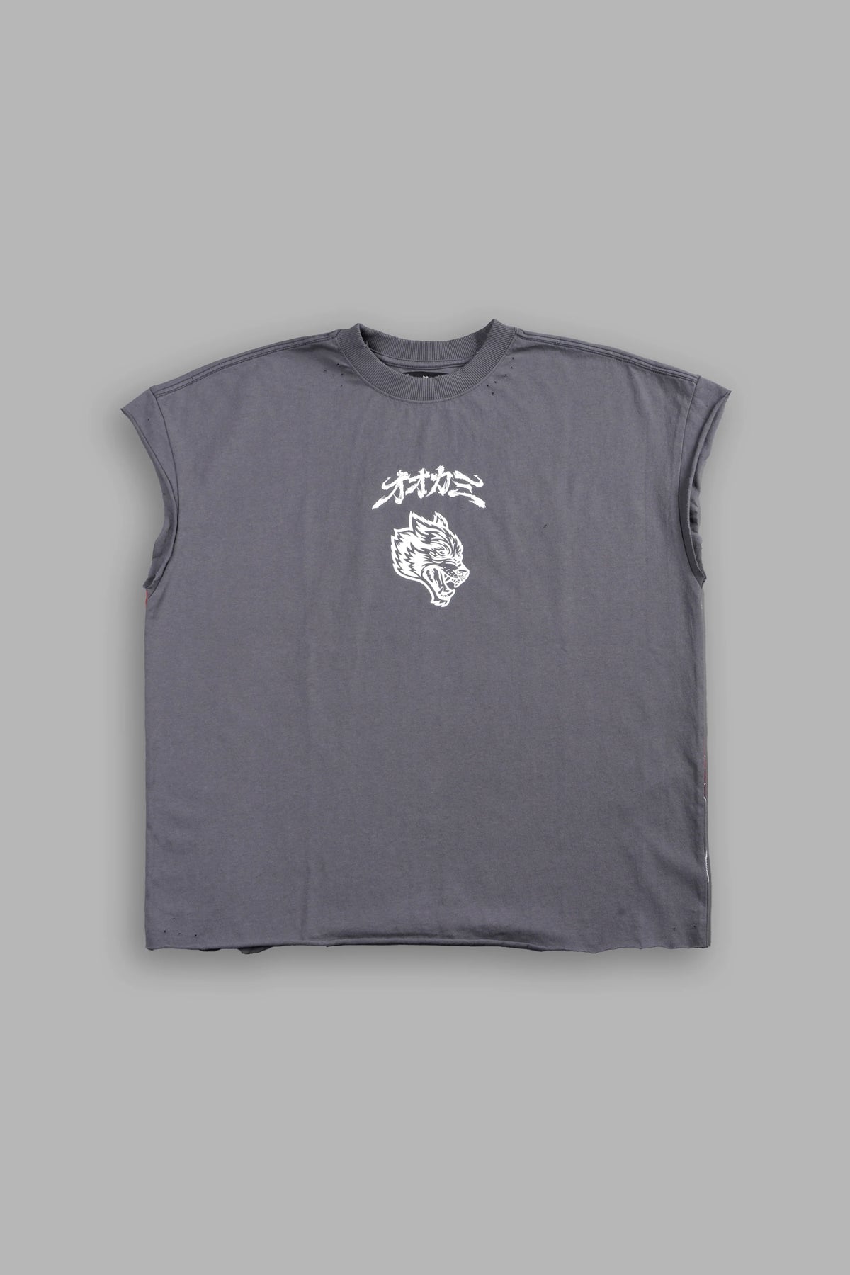 OUR CODE DISTRESSED GRUNGE CUT OFF MID LENGTH RAW HEM TEE IN SLATE GRAY