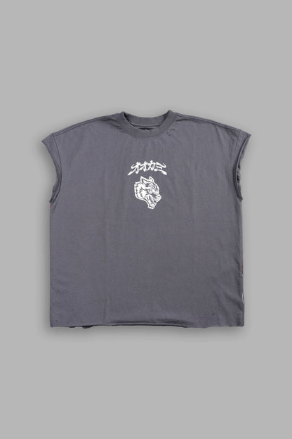 OUR CODE DISTRESSED GRUNGE CUT OFF MID LENGTH RAW HEM TEE IN SLATE GRAY