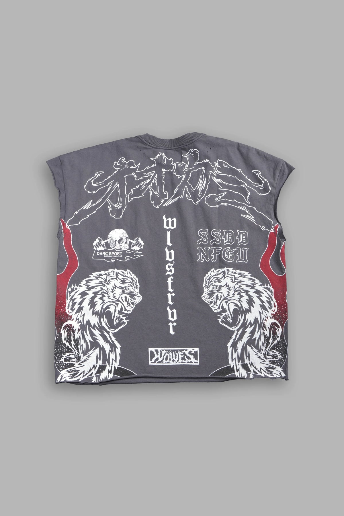 OUR CODE DISTRESSED GRUNGE CUT OFF MID LENGTH RAW HEM TEE IN SLATE GRAY