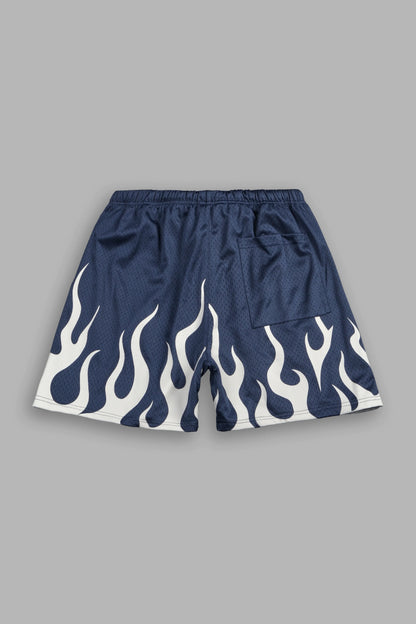 ON FIRE APPLIQUE MESH SHORTS IN STORM BLUE