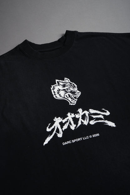 OKAMI BUSHIDO GRUNGE CUT-OFF MID LENGTH RAW HEM TEE IN BLACK SUN FADE