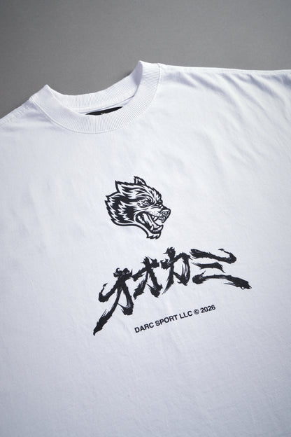 OKAMI BUSHIDO GRUNGE CUT-OFF MID LENGTH RAW HEM TEE IN WHITE