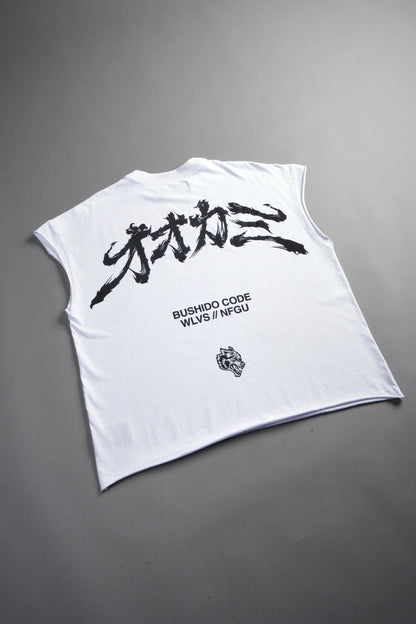 OKAMI BUSHIDO GRUNGE CUT-OFF MID LENGTH RAW HEM TEE IN WHITE