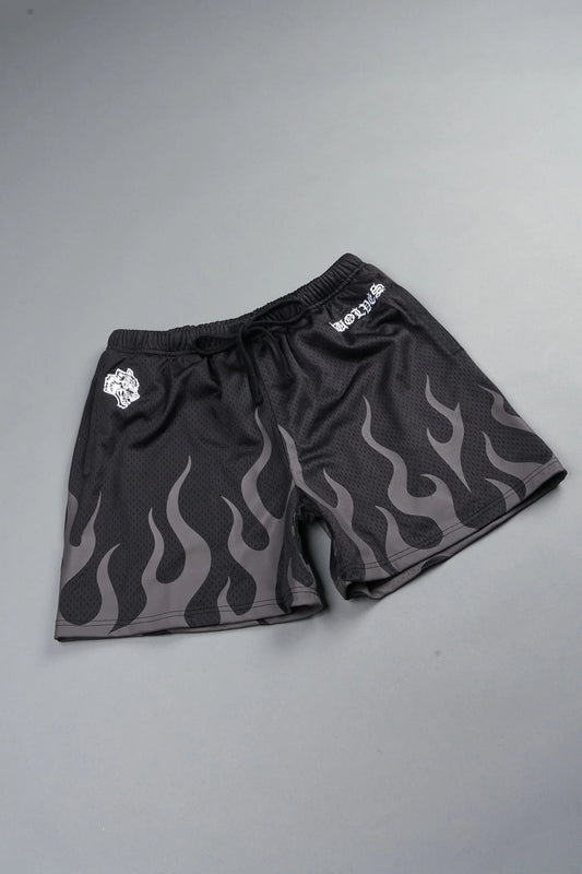 ON FIRE APPLIQUE MESH SHORTS IN BLACK