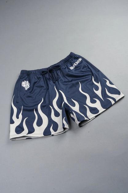 ON FIRE APPLIQUE MESH SHORTS IN STORM BLUE
