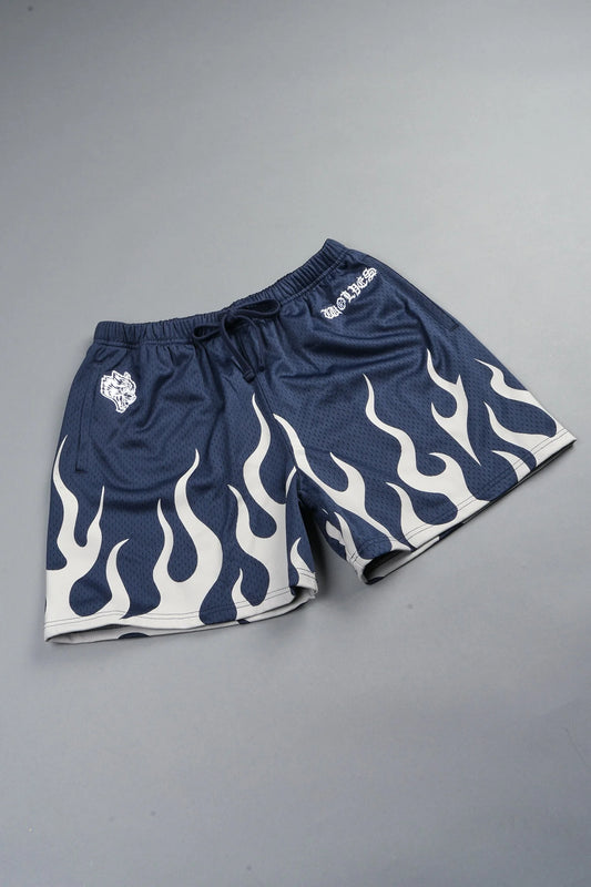 ON FIRE APPLIQUE MESH SHORTS IN STORM BLUE