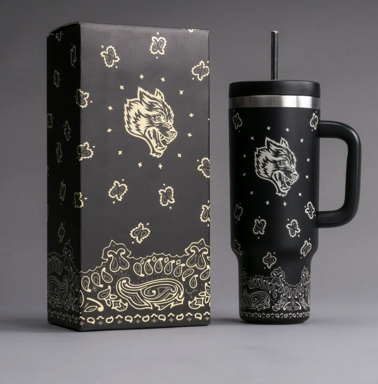 WESTERN WOLF TRAVEL TUMBLER IN BLACK