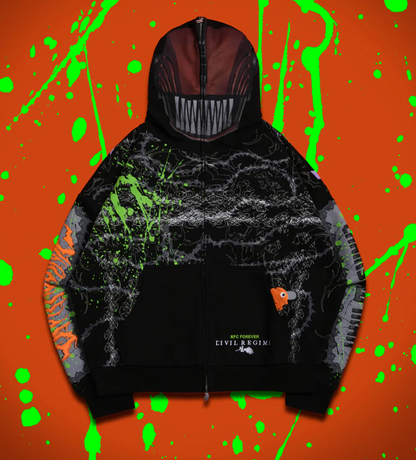 CHAIN HEAD FULL ZIP UP HOODIE IN BLACK