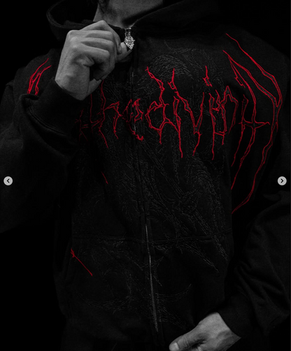 Grim Reaper Embroidered Oversized Zip-up Hoodie [BLOOD MIST]