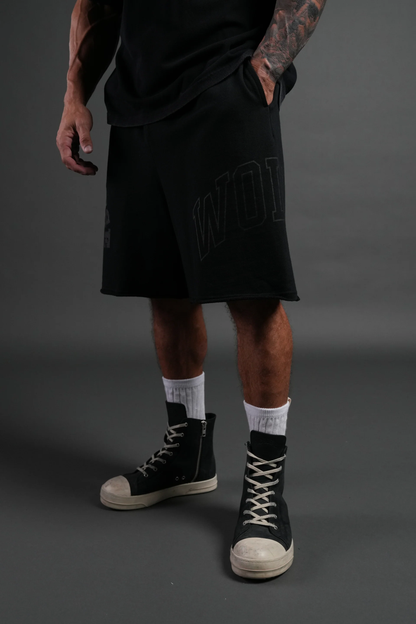 POWERHOUSE OF THE WOLVES GRUNGE BROCK SWEAT SHORTS IN BLACK