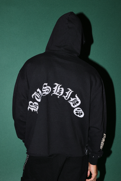 SHUTENDOJI DISTRESSED GRUNGE MID LENGTH RAW HEM ZIP HOODIE IN BLACK
