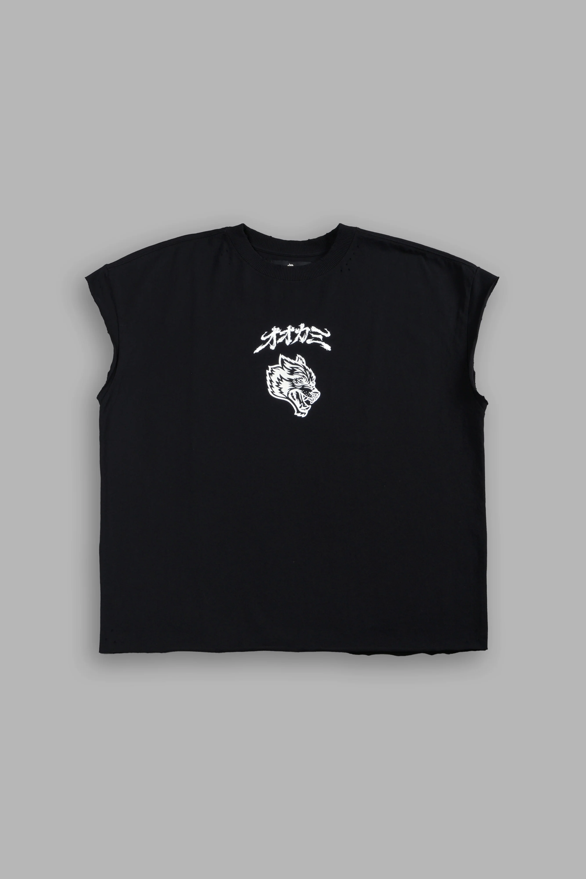OUR CODE DISTRESSED GRUNGE CUT OFF MID LENGTH RAW HEM TEE IN BLACK