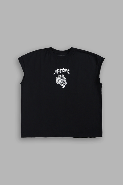 OUR CODE DISTRESSED GRUNGE CUT OFF MID LENGTH RAW HEM TEE IN BLACK