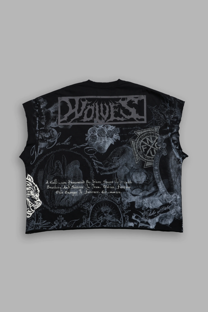 HEART OF THORNS DISTRESSED GRUNGE CUT-OFF MID-LENGTH RAW HEM TEE IN BLACK