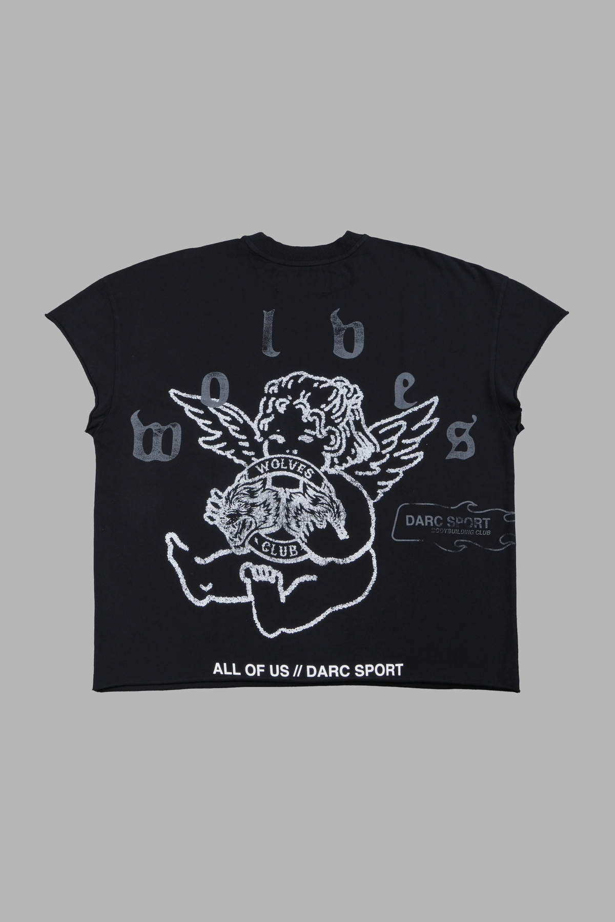 WOLVES CLUB CHERUB GRUNGE MID LENGTH RAW HEM CAP SLEEVE TEE IN BLACK