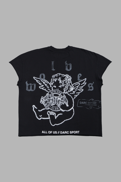WOLVES CLUB CHERUB GRUNGE MID LENGTH RAW HEM CAP SLEEVE TEE IN BLACK