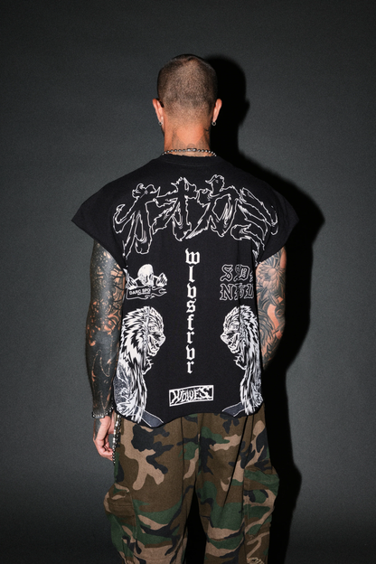 OUR CODE DISTRESSED GRUNGE CUT OFF MID LENGTH RAW HEM TEE IN BLACK