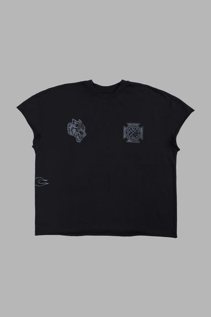 WOLVES CLUB CHERUB GRUNGE MID LENGTH RAW HEM CAP SLEEVE TEE IN BLACK