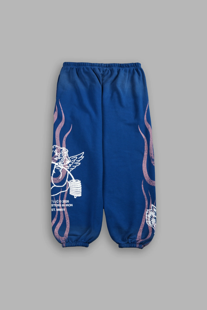 POWERHOUSE OF THE CHERUB UNISEX LIGHTWEIGHT LOUNGER SWEAT PANTS IN DARC COBALT DRIFT WASH