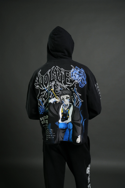 RELENTLESS DISTRESSED GRUNGE MID LENGTH RAW HEM ZIP HOODIE IN BLACK SUN FADE