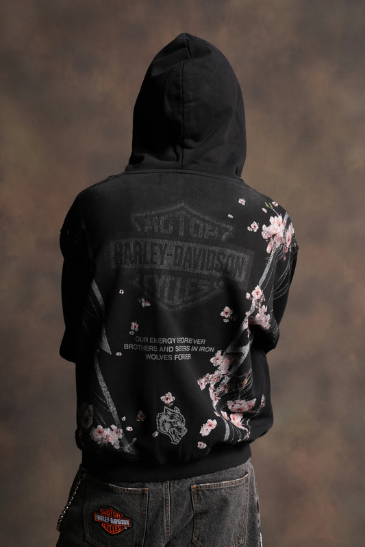 IRON SAKURA GRUNGE MOATIS ZIP HOODIE IN BLACK DRIFT WASH