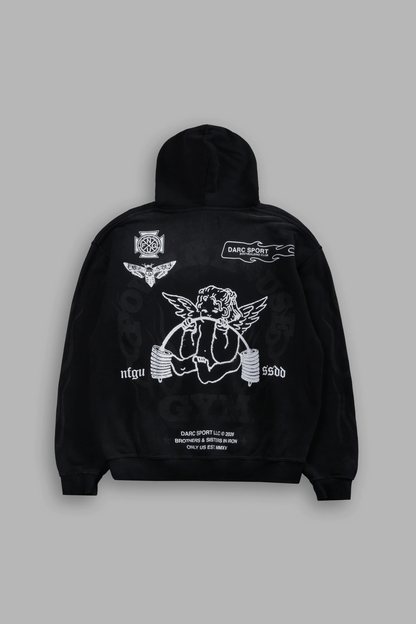 POWERHOUSE OF THE CHERUB UNISEX "PIERCE" HOODIE IN BLACK DRIFT WASH