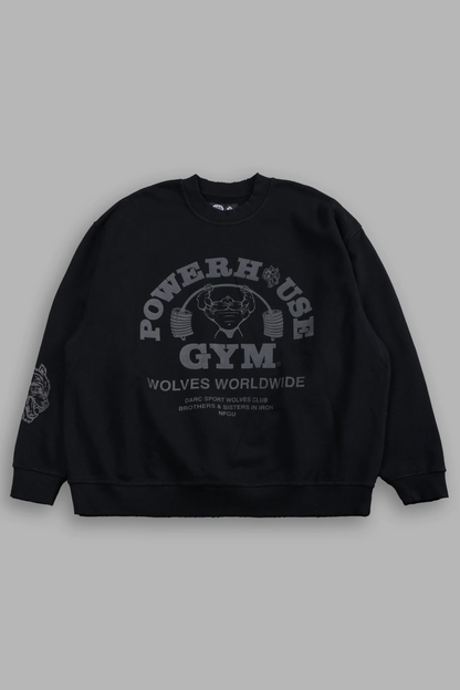 POWERHOUSE OF THE WOLVES DESTROYED OVERSIZED LONDON CREWNECK IN BLACK
