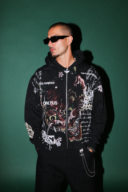 SHUTENDOJI DISTRESSED GRUNGE MID LENGTH RAW HEM ZIP HOODIE IN BLACK